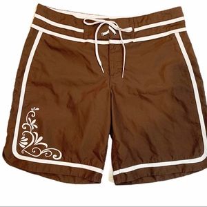 Athleta Brown And White Tie Waist Board Shorts 9"